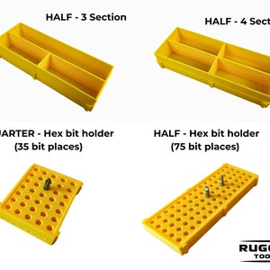 May include: Four yellow plastic storage containers for organizing small parts. The containers are labeled "HALF - 3 Section", "HALF - 4 Section", "QUARTER - Hex bit holder (35 bit places)", and "HALF - Hex bit holder (75 bit places)".