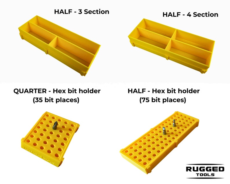 May include: Four yellow plastic storage containers for organizing small parts. The containers are labeled "HALF - 3 Section", "HALF - 4 Section", "QUARTER - Hex bit holder (35 bit places)", and "HALF - Hex bit holder (75 bit places)".