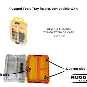 May include: A set of yellow and clear plastic tool tray inserts for a DeWalt medium tough storage case. The inserts are labeled "half size" and "quarter size". The case is 10.2 inches by 7.1 inches.