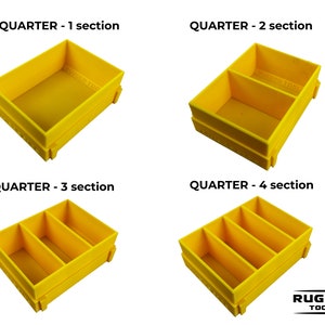 May include: Four yellow plastic storage boxes with dividers. The boxes are labeled "QUARTER - 1 section", "QUARTER - 2 section", "QUARTER - 3 section", and "QUARTER - 4 section". The boxes are stacked on top of each other. The bottom box has the words "RUGGED TOOLS" printed on it.
