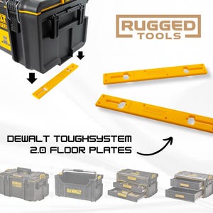 May include: A black and yellow DEWALT TOUGHSYSTEM 2.0 tool storage box with yellow floor plates. The image includes the text "RUGGED TOOLS" and "DEWALT TOUGHSYSTEM 2.0 FLOOR PLATES". Several other tool storage boxes are also shown.