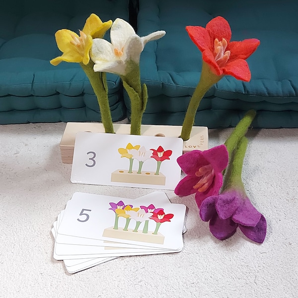 Ausdruckbares „Match & Count“ für Filzblumen in einer Reihe – Lovevery erweiterte Vorschulkindergarten-Homeschool-Montessori-Aktivität