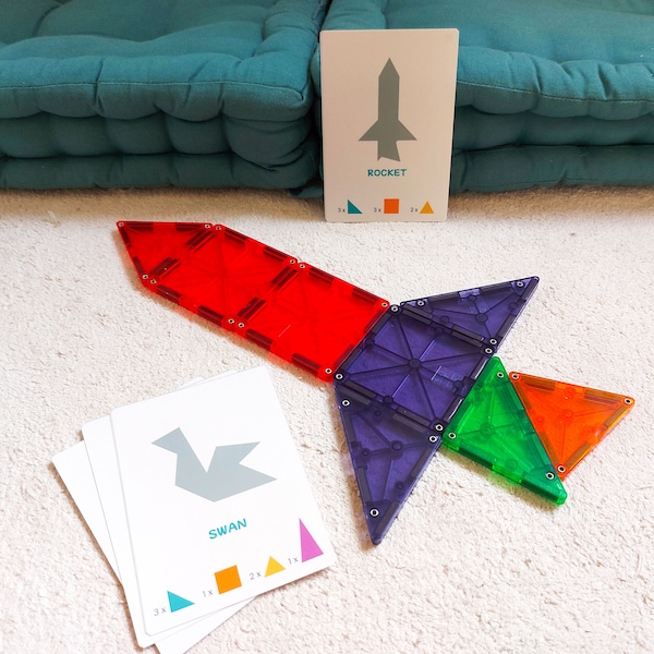 Printable Tangram inspired cards for Magnetic tiles -  Preschool Elementary Homeschool activity - Montessori activity with Magnetic Cards