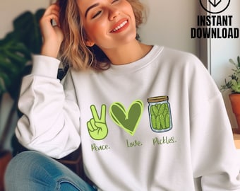 Sudadera Peace Love Pickles, sudadera con pepinillos, regalos con pepinillos, regalo para amantes de los pepinillos, sudadera con amantes de la comida, sudadera con pepinillos enlatados, frasco con pepinillos
