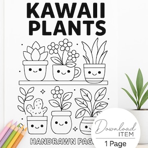 Kawaii planten handgetekende kleurplaat | Leuke afdrukbare kamerplanten | Digitale download | Kunstactiviteit Plant Lover voor kinderen en volwassenen