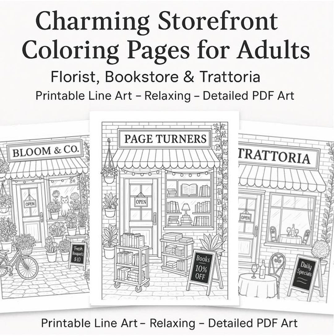 Charming Storefront Coloring Pages for Adults – Florist, Bookstore ...