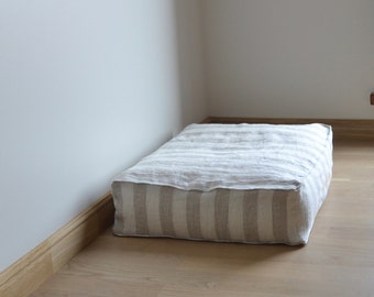 Striped White & Brown Sustainable / Eco Friendly Super Soft Linen Dog Bed
