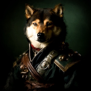 Könnte beinhalten: Ein Shiba Inu Hund, der ein dunkelblaues und braunes Kostüm mit goldenen Akzenten trägt. Der Hund trägt ein rotes Halsband und hat einen ernsten Gesichtsausdruck.