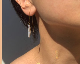 Sterling silver Biwa stick pearl threader earrings