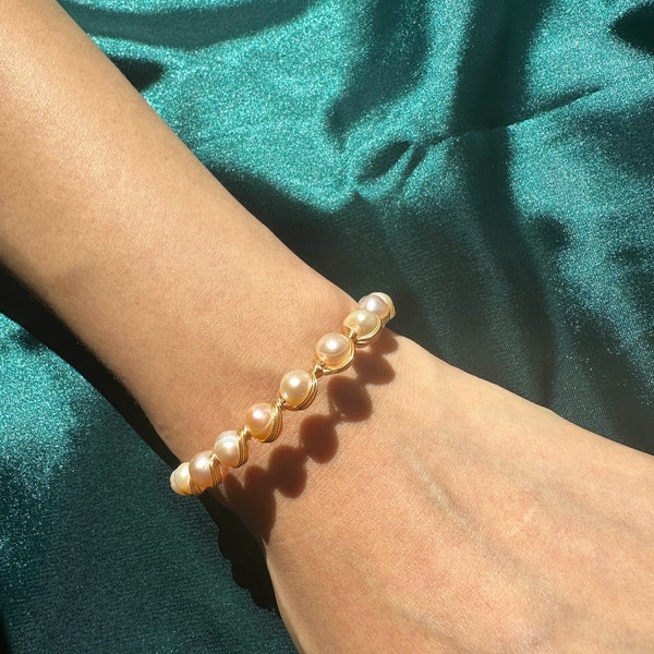 Natural Freshwater Pearl Bracelet Gold Wire Wrapped Pearl Bangle Gift for her