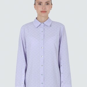 Long sleeve cotton shirt with real shell buttons, sustainable button up top in lavender, ethical fashion blouse woman, casual designer shirt image 3