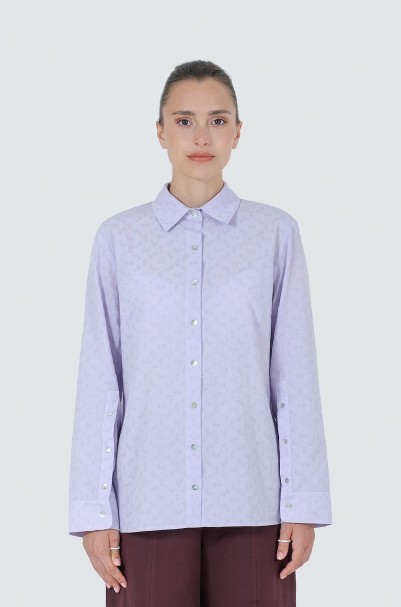 Long sleeve cotton shirt with real shell buttons, sustainable button up top in lavender, ethical fashion blouse woman, casual designer shirt image 3