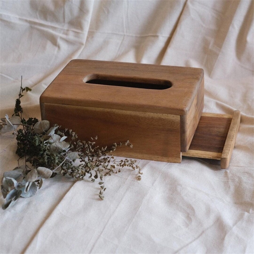Rustic Wood Tissue Box Lid Holder Slide Out Bottom Wooden Etsy