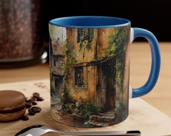 Mountain Village 11oz Mug, Old Village Street Detail Ceramic Coffee Cup, Vintage Mountain Village Art - Scenic Drinkware - Collectible Gift