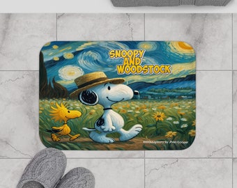 Snoopy and Woodstock Van Gogh Style Bathroom Rug - Cheerful Vibes Every Morning