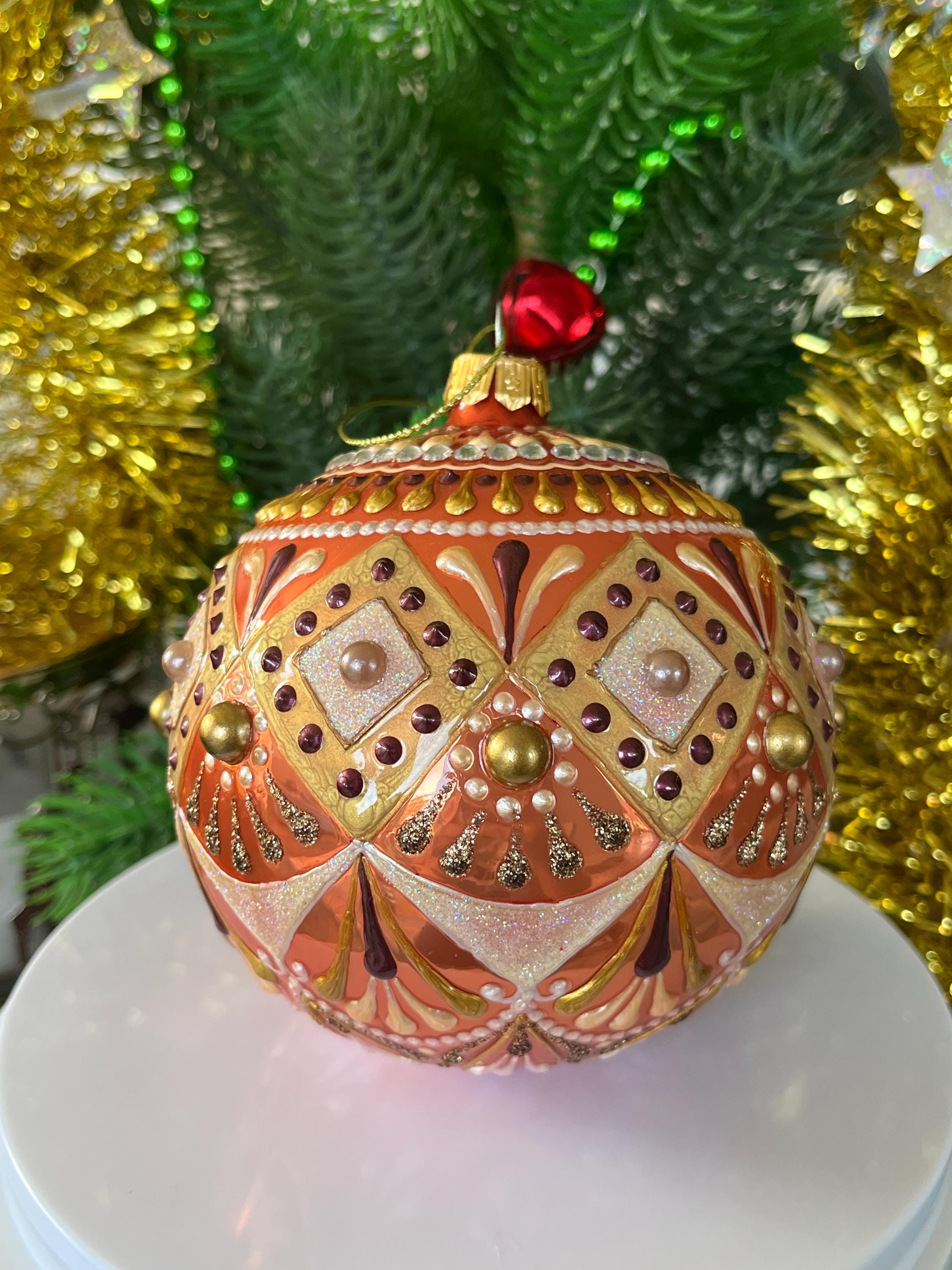 手描きのオレンジ色のガラス製クリスマスオーナメント、4個セット