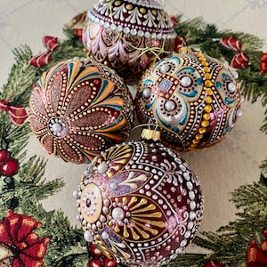 Hand Painted Burgundy Glass Christmas Ornaments, Set of 4
