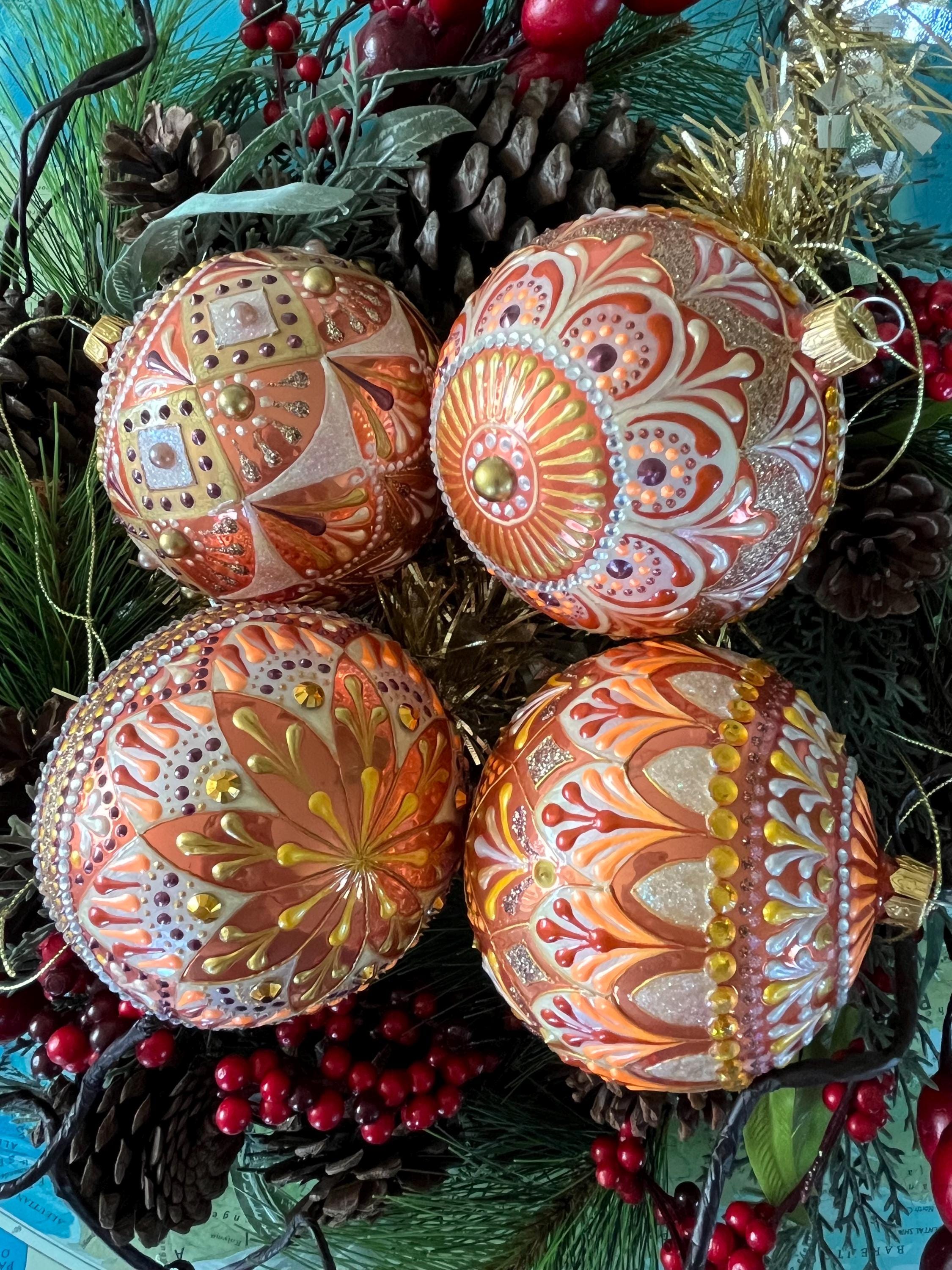 手描きのオレンジ色のガラス製クリスマスオーナメント、4個セット