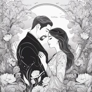 Könnte beinhalten: Schwarz-Weiß-Illustration eines Paares, das sich umarmt, umgeben von floralen Elementen. Der Mann trägt einen Anzug, die Frau ein gemustertes Kleid. Der Hintergrund zeigt einen Kreis mit Wolken und Vögeln, was eine romantische Szene schafft.