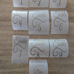 Peut inclure: Un ensemble de dix autocollants rectangulaires en vinyle blanc avec des lettres dorées métallisées. Neuf autocollants affichent le mot Table suivi d'un chiffre de 1 à 9, et un affiche le texte Table Des Mariés, en police cursive.
