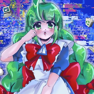 May include: Anime-style illustration of a girl with green hair and eyes, wearing a blue and white dress with red bows. The background has a glitch effect with computer error messages and icons. A USB connector is in the foreground.