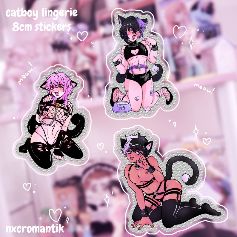 Catboy Lingerie - 8cm Prismatic Stickers - Kawaii | Erokawai | Anime | Yaoi | BL Full Set