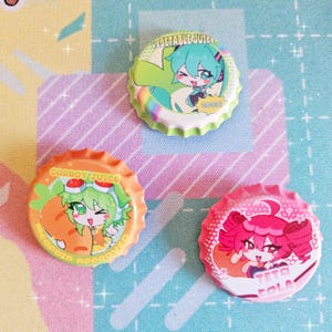 PRE-ORDER - Vocal Synth Bottlecap Pins - Hatsune Miku / Kasane Teto / Megpoid Gumi - Vocaloid | Utau | Vsinger | Animecore | Kawaii