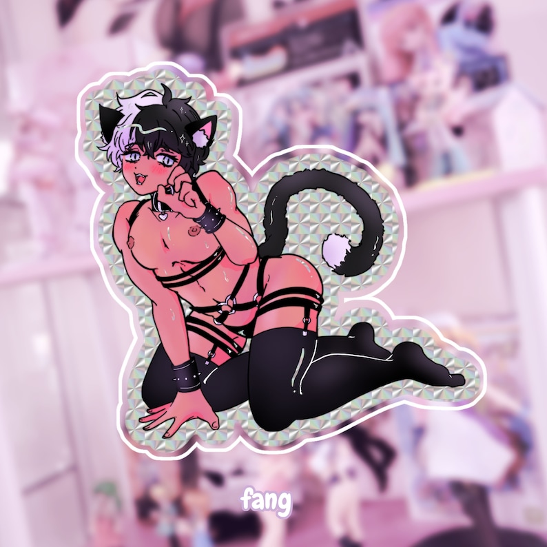 May include: A black and white cat-eared character wearing a black harness and thigh-high stockings. The character is kneeling with a playful expression and a tongue sticking out. The background is a blurred image of a pink and white surface.