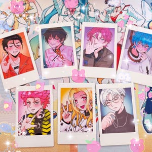 May include: A collection of seven polaroid-style prints featuring anime-style illustrations of various characters. Each print showcases a different character with unique hairstyles and outfits, set against a colorful background.