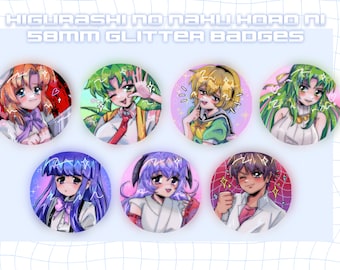 May include: Set of six 58mm glitter badges featuring characters from the anime series Higurashi no Naku Koro ni. The badges are round and have a colorful background with glitter accents. Each badge features a different character from the anime.