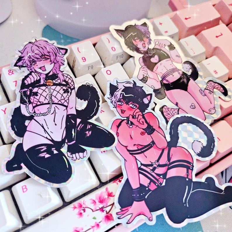 Catboy Lingerie - 8cm Prismatic Stickers - Kawaii | Erokawai | Anime | Yaoi | BL image 1