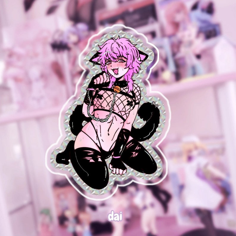 May include: A pink and black anime-style illustration of a person with cat ears and a tail wearing a black mesh top, black leather pants, and a chain collar. The person is kneeling with their tongue sticking out.