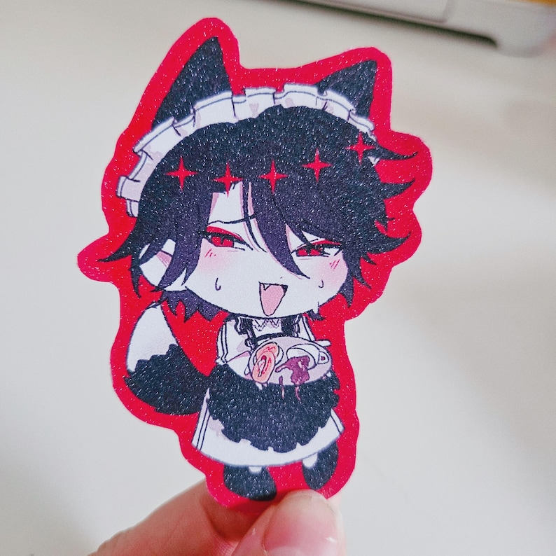 May include: A die-cut sticker featuring an anime-style character in a maid outfit with black hair and red eyes. The character is holding a plate with food. The sticker has a red border.