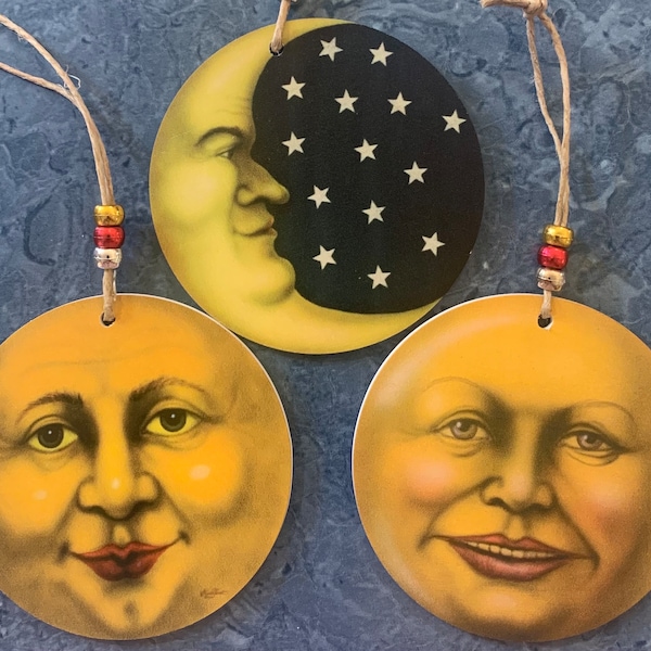 Boardwalk Originals 4” Set of 3 Moon Themed Ornaments. Collectible Hand Signed/Dated by Bonnie Barrett!