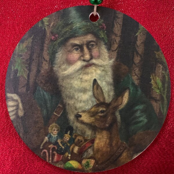 Boardwalk Originals 4” Santa in Green Coat with Reindeer  Ornament. Hand Signed/Dated by Bonnie Barrett!