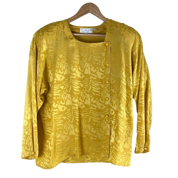 Nina Ricci, RARE Vintage 80s Nina Ricci Size 8 100% Silk Jacquard Long Sleeve Blouse in Yellow