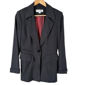 Vintage 90s Size 4 Metallic Pin Stripe Blazer in Black Evening Jacket Single Button Closure