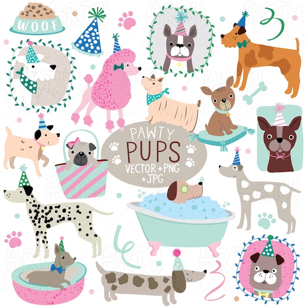 Pawty Pups Clip Art - Cute dog clip art, Dogs PNG, dog illustration set, dog party clip art