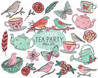 Garden Tea Party Clip Art - Pretty Floral Clip Art Set, Spring Garden Illustrations, Birds and Flowers Clip Art