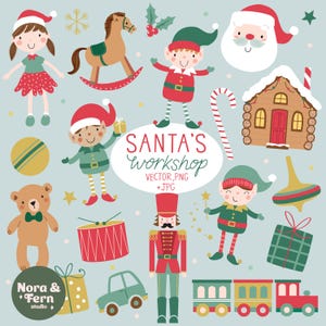 Weihnachtsfiguren Clip Art: Weihnachtsmann, Elfe, Nussknacker, Zug, Teddybär, Spielzeug Digital Download Set