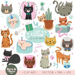 Cute Kitties Clip Art - Cute cat clip art, Cat PNG, cat illustration set, cat party clip art