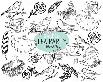 Garden Tea Party Digital Stamps - Pretty Floral Digital Stamp Set, Spring Garden Illustrations, Birds and Flowers Digital Stamps