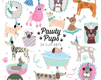 Hund Clip Art Set: Tecknade valpar Digital Design för Fest, Kort, Scrapbooking