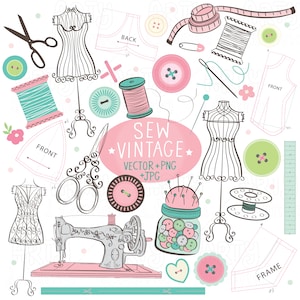 May include: A set of vintage sewing themed illustrations, including a sewing machine, spools of thread, buttons, scissors, a pincushion, a measuring tape, and a dress form. The illustrations are in a pink, blue, and green color scheme.
