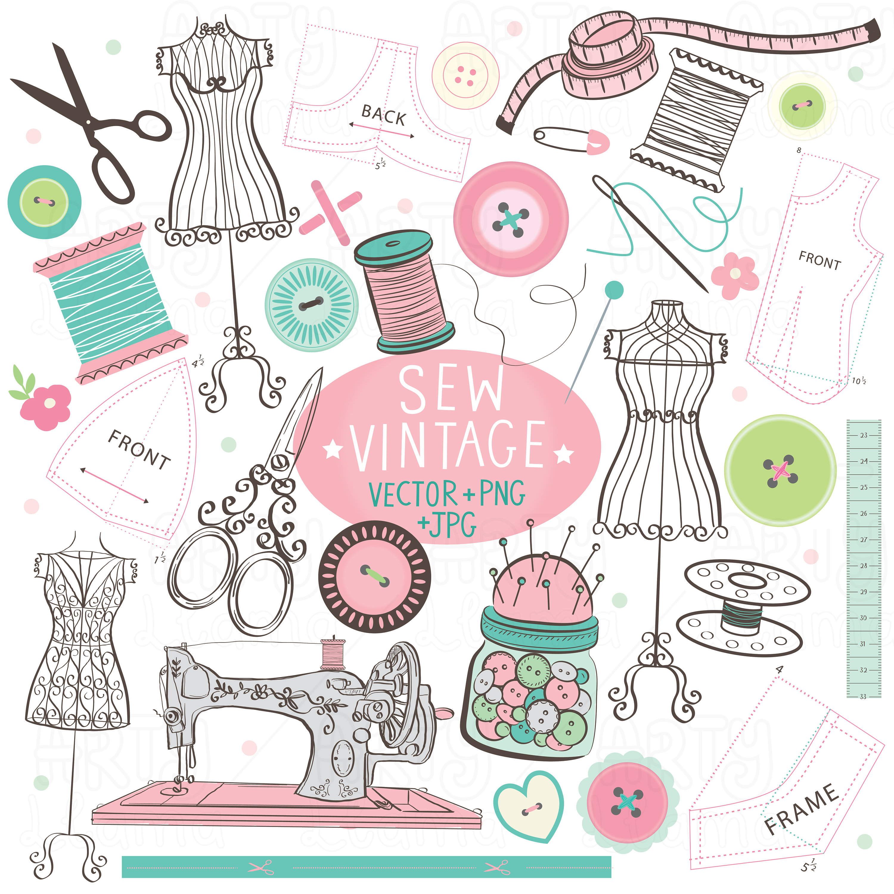Sew Vintage Clip Art - Sewing Machine Clip Art Set, Crafting Clipart, Dressmaker Illustrations, Vintage Sewing Graphics