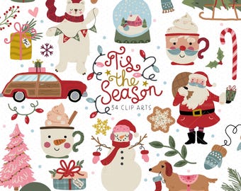 May include: A collection of Christmas-themed clip art illustrations. Includes a polar bear, snowman, Santa Claus, a red car, mugs of hot chocolate, a snow globe, and the text "Tis the Season".
