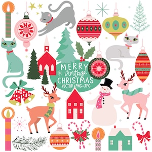 Frohe Vintage Weihnachten Clip Art - Retro Weihnachten Clip Art Set, digital druckbar, Vintage Weihnachtsfiguren