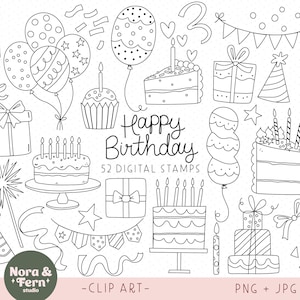 Gelukkige verjaardag digitale postzegels - Doodle verjaardag digitale stempelset, digitaal afdrukbaar, Digi-stempelset verjaardag, contouren, png
