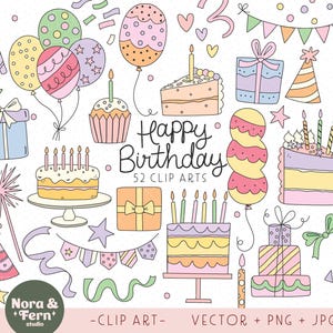 Alles Gute zum Geburtstag Clip Art - Retro Doodle Geburtstag Clip Art Set, digital bedruckbar, Geburtstag Digi Clip Art Set PNG, JPG und EPS