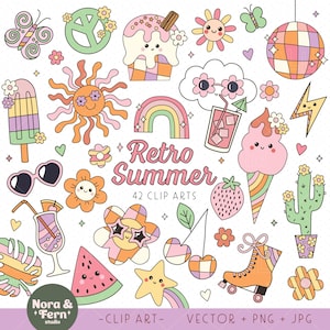 Imágenes prediseñadas de verano retro: imágenes prediseñadas de verano, bola de discoteca PNG, símbolo de la paz PNG, arcoíris, conjunto de ilustraciones de verano retro de los años 70, 90 y 2000